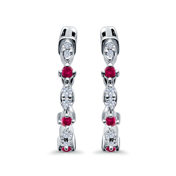 Half Eternity Huggie Hoop Earrings Round Simulated Ruby CZ 925 Sterling Silver (14mm)